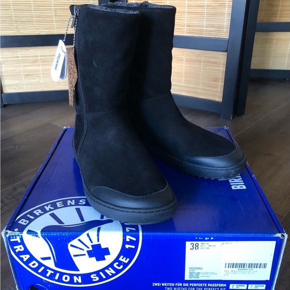NIB Birkenstock Fossholl Black Suede/ Leather Shearling Lined Zip Boots 38 (7-8) - Picture 1 of 6